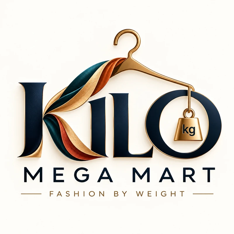 Kilo Mega Mart logo with a gold hanger, draped fabric and a kilogram weight