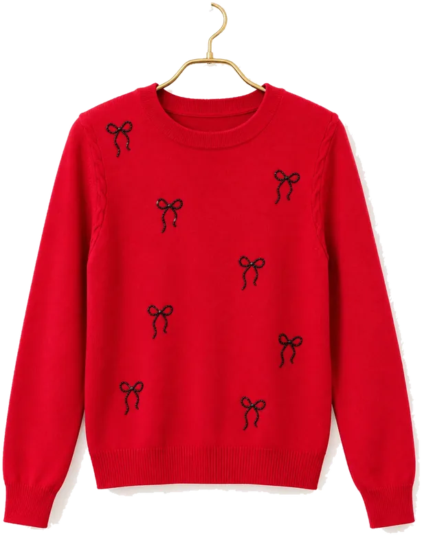 Illustrative image: Red knit jumper with bow details on a gold hanger