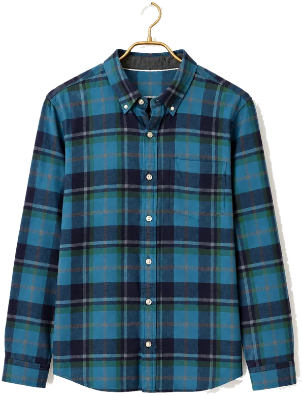 Illustrative image: Teal checked cotton shirt on a gold hanger
