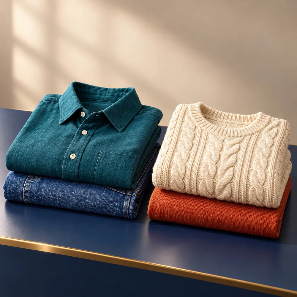 Illustrative image: folded garments on a display block