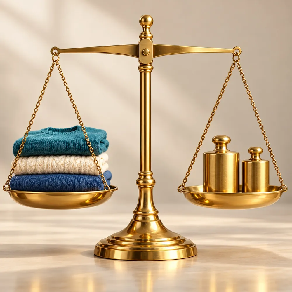 Illustrative image: garments and brass weights balanced on a balance scale