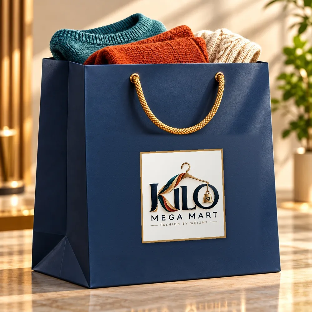 Illustrative image: folded garments packed in a navy Kilo Mega Mart shopping bag